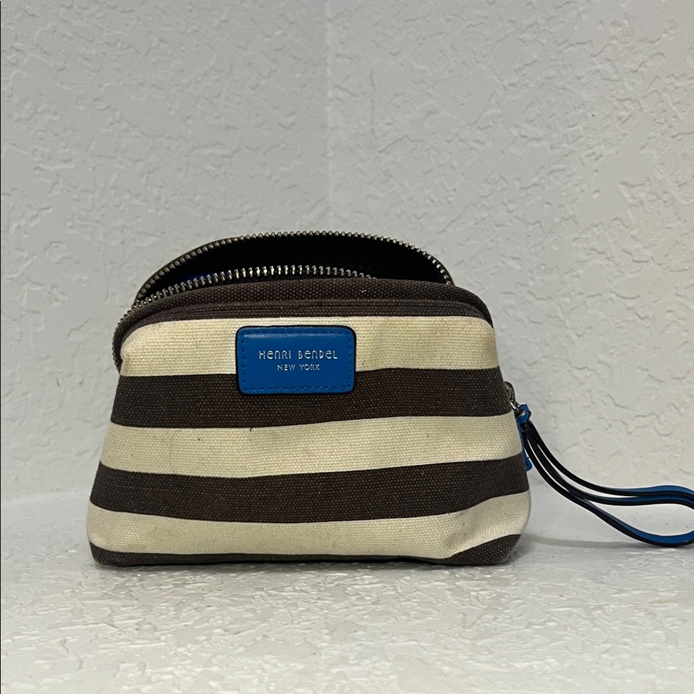 Henri Bendel Blue Accented Brown and Cream Makeup Bag